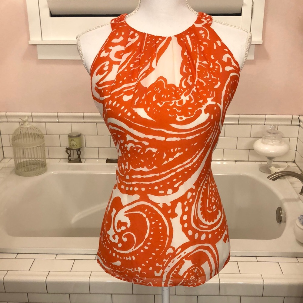 Banana republic, orange and white silk sleeveless halter tunic top size 12